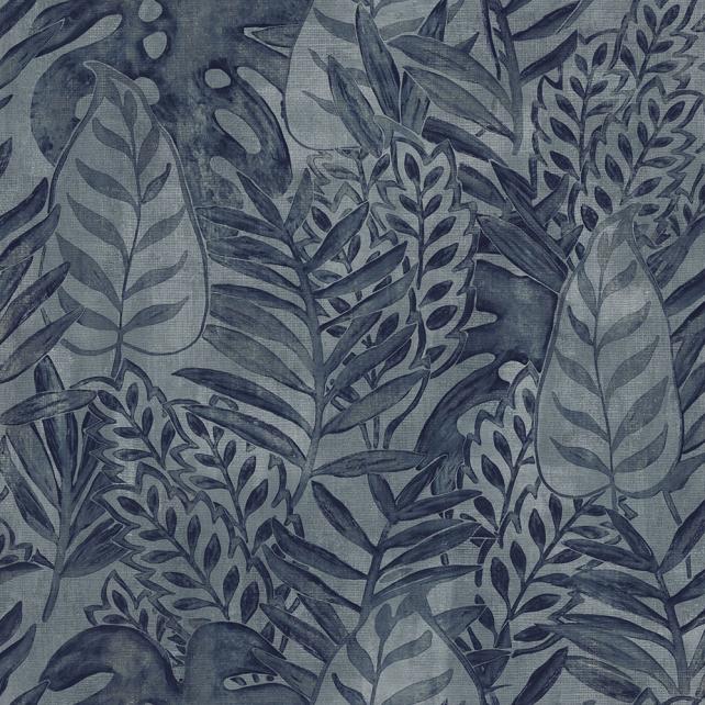 Vliesová tapeta na zeď s textilní strukturou s tmavě modrý listy, TA25063, Tahiti, Decoprint rozměry 0,53 x 10,05 m