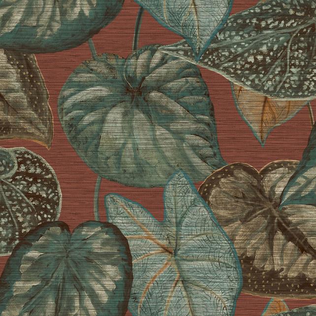 Strukturovaná vliesová tapeta zelené listy na hnědočerveném podkladu, TA25053, Tahiti, Decoprint rozměry 0,53 x 10,05 m